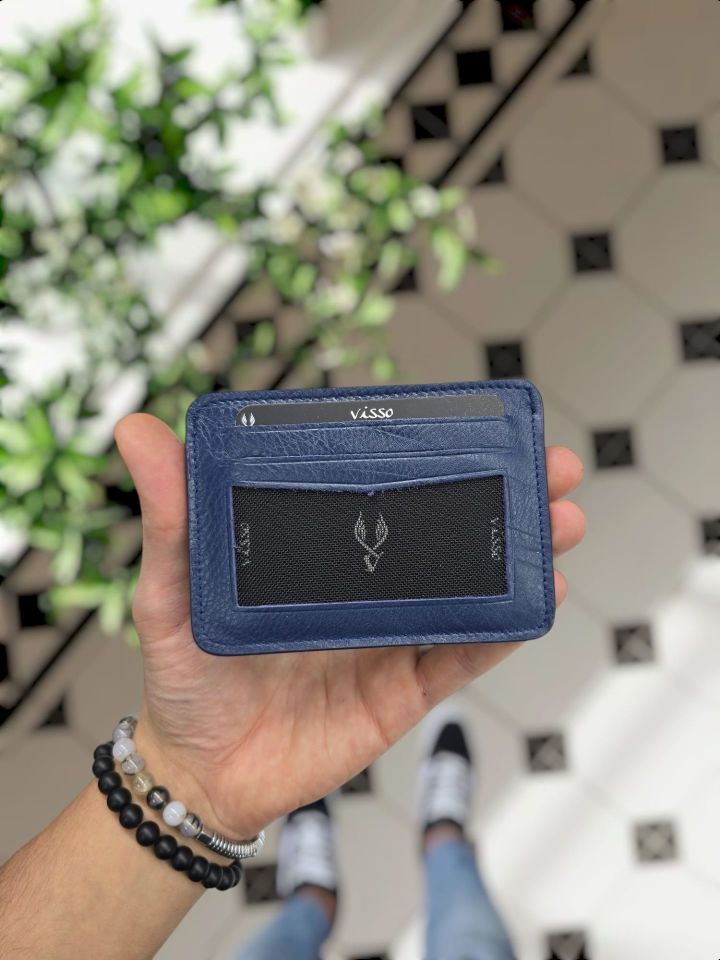 VİSSO 653 Hakiki Deri ÇANTA İSME ÖZEL Kağıt Para Bölmeli Kimlik Kart Gözlü  ERKEK VE KADIN  Kredi Kartlık Cüzdan Çanta Lacivert GUTTY + ANAHTARLIK