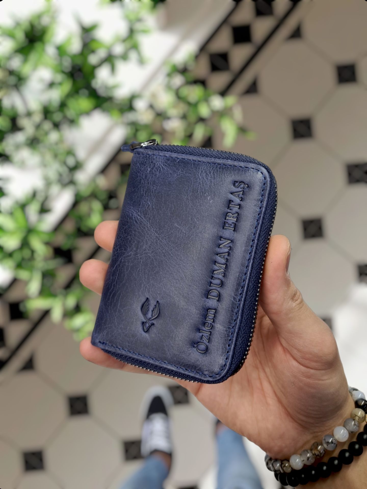 VİSSO 661 Fermuarlı Kredi Kartlık Model Hakiki Deri Çanta Kişiye Özel Lacivert Kurtuba