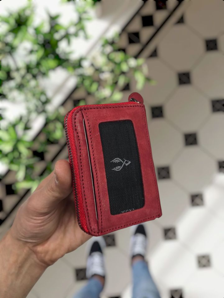 VİSSO 661 GERÇEK DERİ ÇANTA İSME ÖZEL ERKEK VE KADIN İÇİN FERMUARLI AKORDİYON-YELPAZE KREDİ KARTLIK MODEL Kırmızı Nubuk Deri
