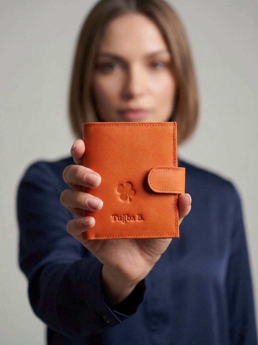 Yonca Logolu VİSSO 112 HAKİKİ DERİ ÇANTA İSME ÖZEL KADIN ERKEK ÇITIÇITLI FERMUARLI  Turuncu NAPA Yonca Logolu