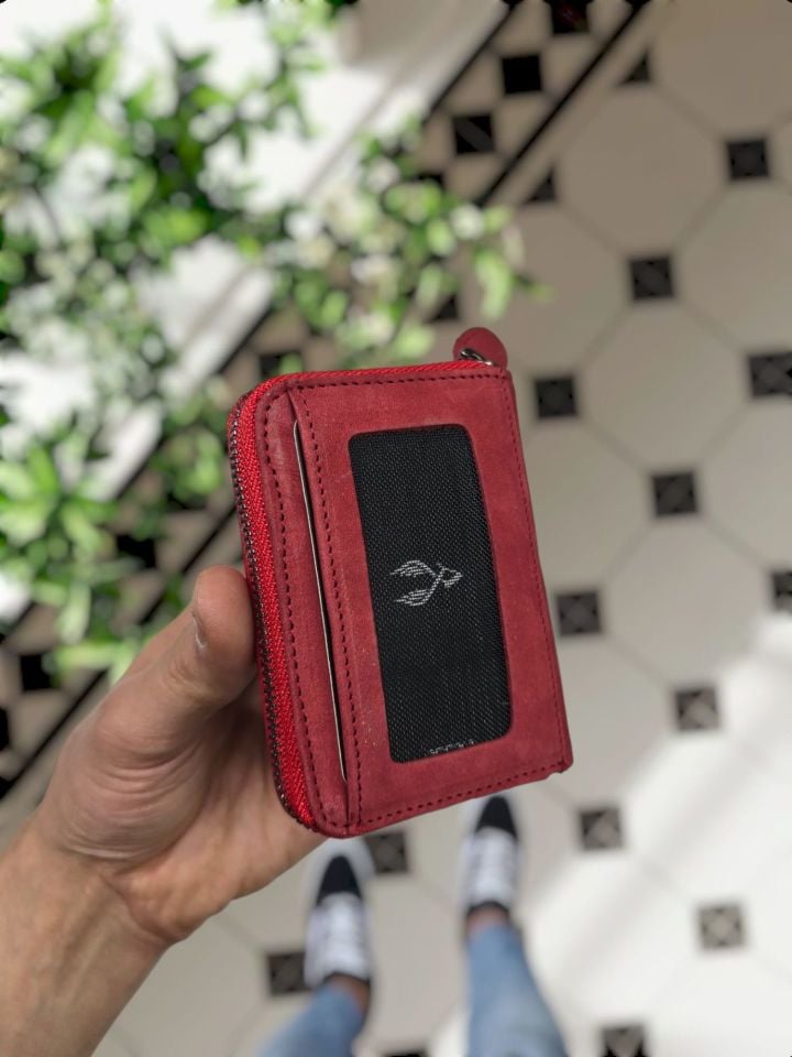 VİSSO 661 GERÇEK DERİ ÇANTA İSME ÖZEL ERKEK VE KADIN İÇİN FERMUARLI AKORDİYON-YELPAZE KREDİ KARTLIK MODEL Kırmızı Nubuk Deri + Anahtarlık