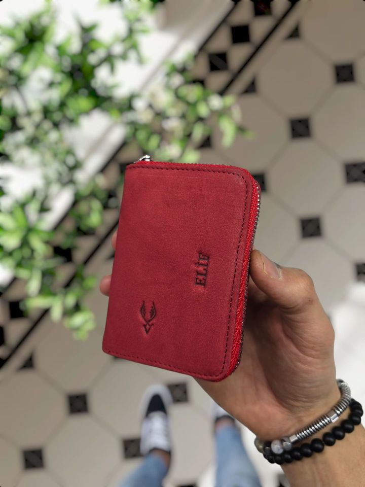 VİSSO 661 GERÇEK DERİ ÇANTA İSME ÖZEL ERKEK VE KADIN İÇİN FERMUARLI AKORDİYON-YELPAZE KREDİ KARTLIK MODEL Kırmızı Nubuk Deri + Anahtarlık