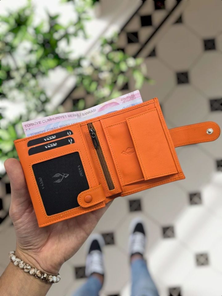 Aslan Logolu VİSSO 112 HAKİKİ DERİ ÇANTA İSME ÖZEL KADIN ERKEK ÇITIÇITLI FERMUARLI  Turuncu NAPA Aslan Logolu