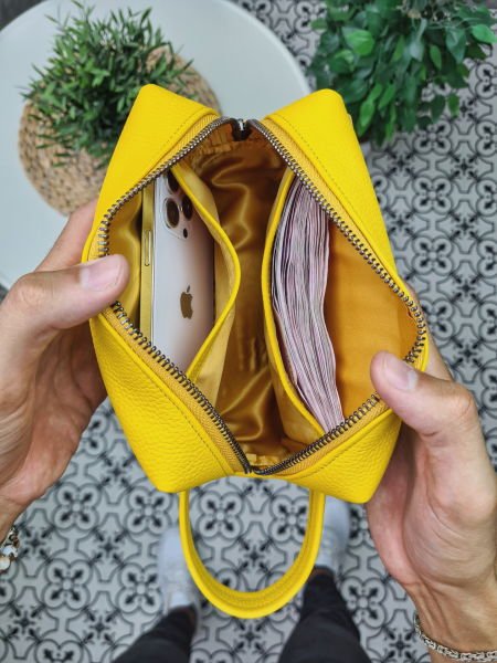 VİSSO 502 Hakiki Deri İsme Özel SARI Deri Çanta & El Çantası