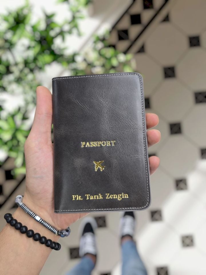 VİSSO 911 HAKİKİ ORJİNAL DERİ ÇANTA KREDİ KART VE KİMLİK HAZNELİ PASAPORTLUK - DERİ PASAPORT KILIFI GRİ RENK Uçak Logo