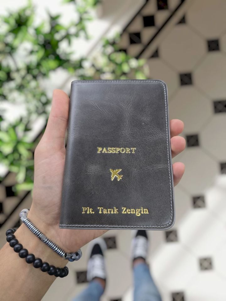 VİSSO 911 HAKİKİ ORJİNAL DERİ ÇANTA KREDİ KART VE KİMLİK HAZNELİ PASAPORTLUK - DERİ PASAPORT KILIFI GRİ RENK Uçak Logo