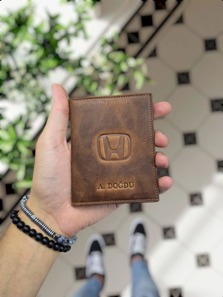 HONDA  VİSSO 1904 Hakiki Deri Araç Ruhsat Kılıfı İsme Özel Çanta Erkek Kadın Modeli HONDA FINDIK MATRİX