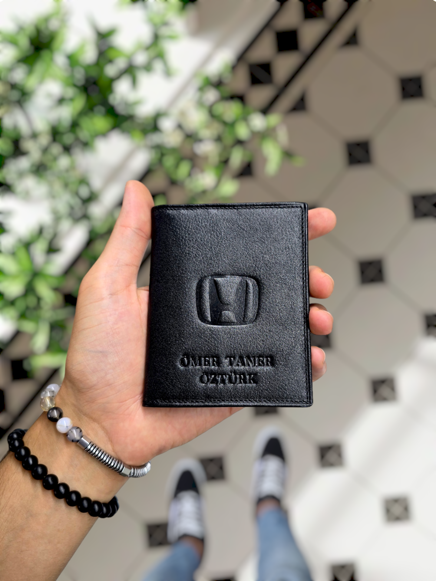 HONDA  VİSSO 1904 Hakiki Deri Araç Ruhsat Kılıfı İsme Özel Çanta Erkek Kadın Modeli HONDA SİYAH NATURAL