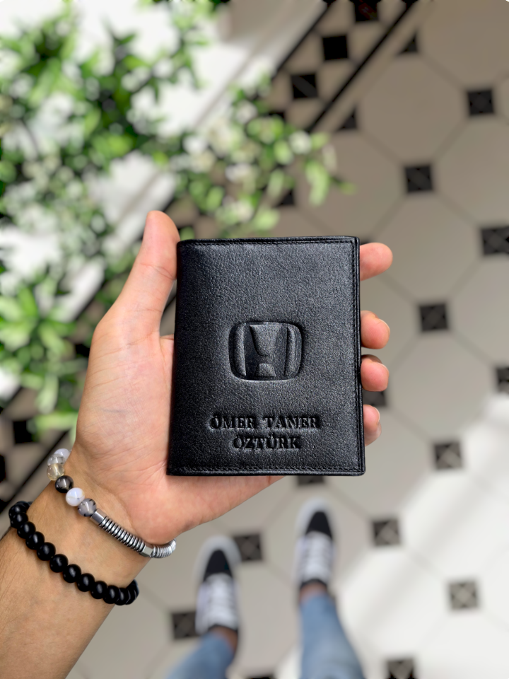 HONDA  VİSSO 1904 Hakiki Deri Araç Ruhsat Kılıfı İsme Özel Çanta Erkek Kadın Modeli HONDA SİYAH NATURAL