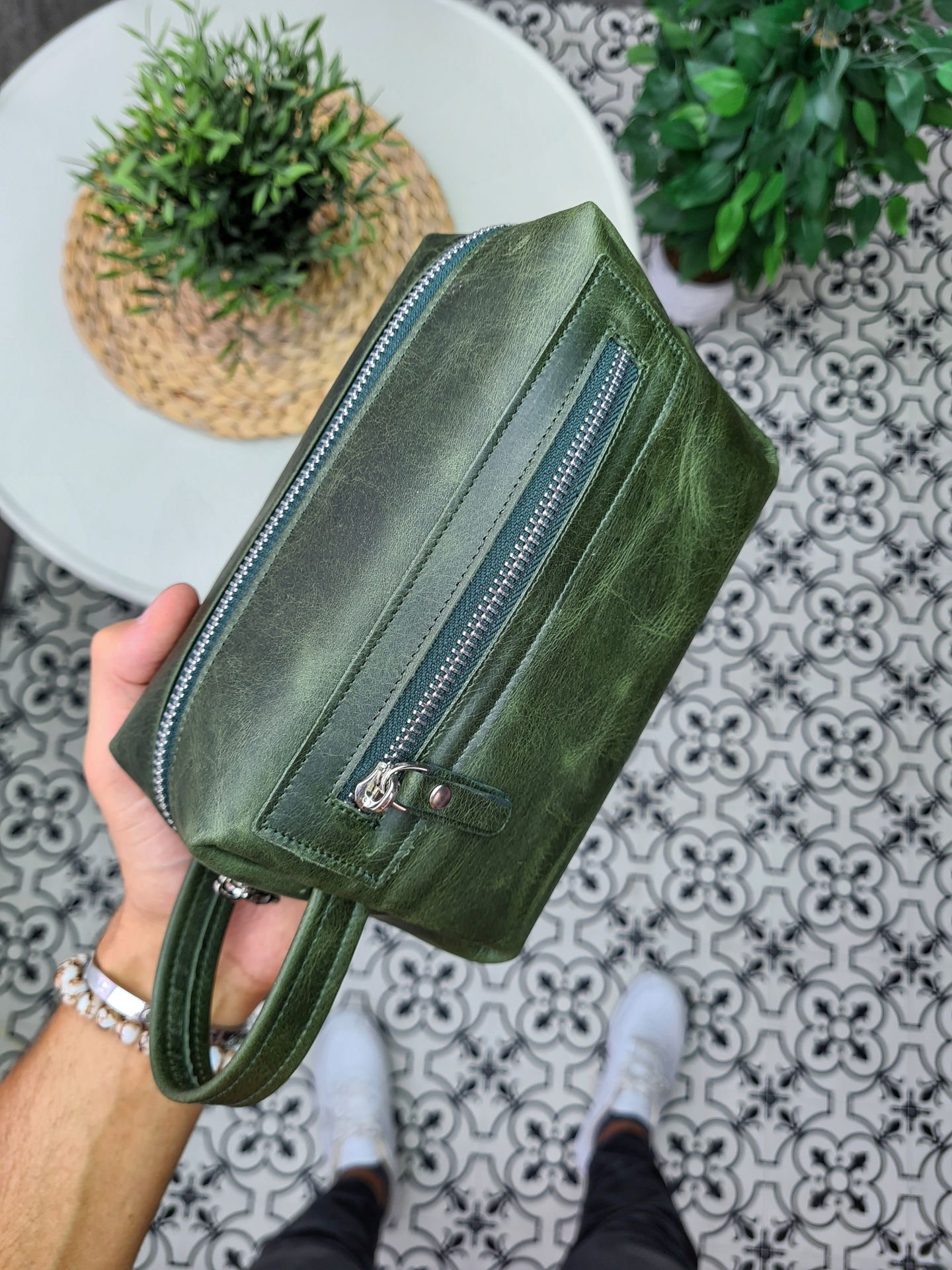 VİSSO 502 Hakiki Deri İsme Özel YEŞİL GRANADA CRAYZ Deri Çanta & El Çantası