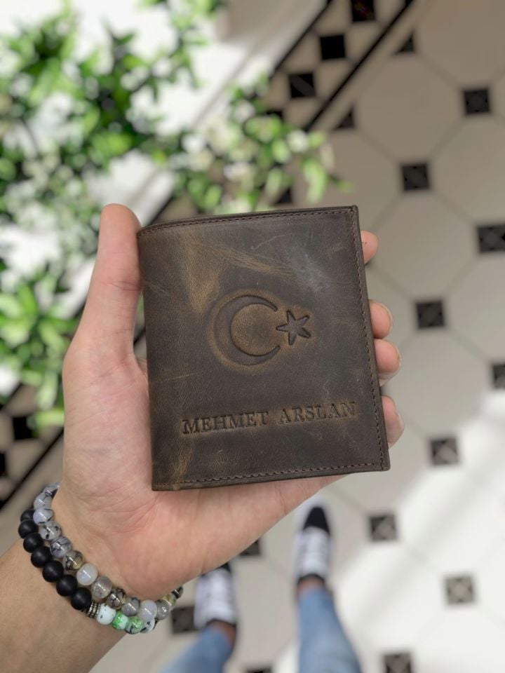 VİSSO 114 HAKİKİ DERİ ÇANTA  İSME ÖZEL ÜÇ KİMLİK KART BÖLMELİ  FERMUARLI KADIN ERKEK ÇITIÇITLI CÜZDAN KAHVE MATRİX CÜZDAN AY-YILDIZ LOGO