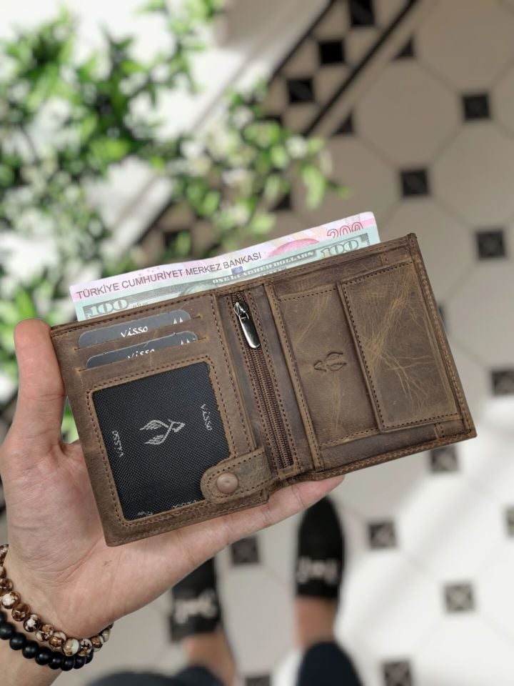 VİSSO 111 CEPLİ HAKİKİ DERİ ÇANTA İSME ÖZEL BOZUK PARA CEPLİ FERMUARLI ÇITÇITLI KADIN ERKEK CÜZDAN BAY Kahve MAtrix Ay-Yıldız Logo