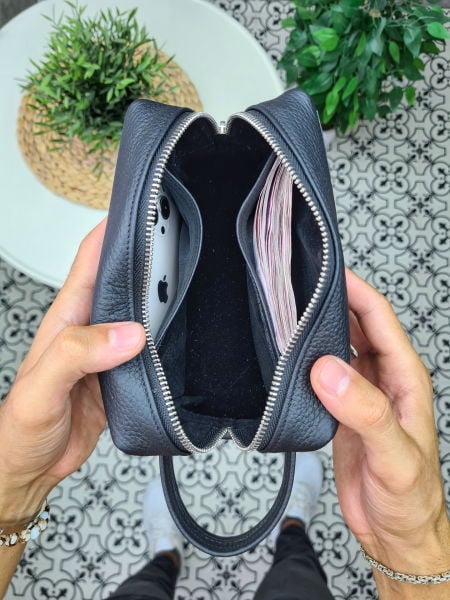 VİSSO 502 Hakiki Deri İsme Özel  SİYAH GUTTY Deri Çanta & El Çantası