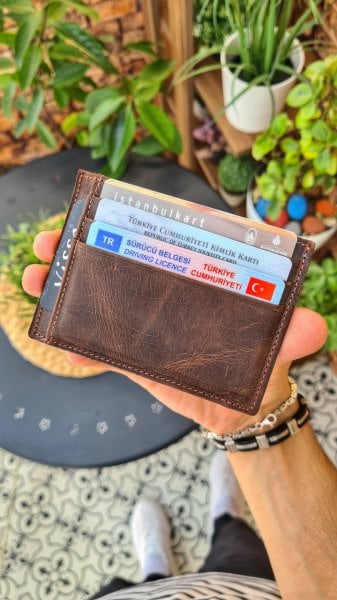 VİSSO 606 HAKİKİ DERİ ÇANTA KAHVE MATRİX - KAHVERENGİ İSME ÖZEL PARA BÖLMELİ ERKEK VE KADIN DERİ MİNİ KREDİ KARTLIK