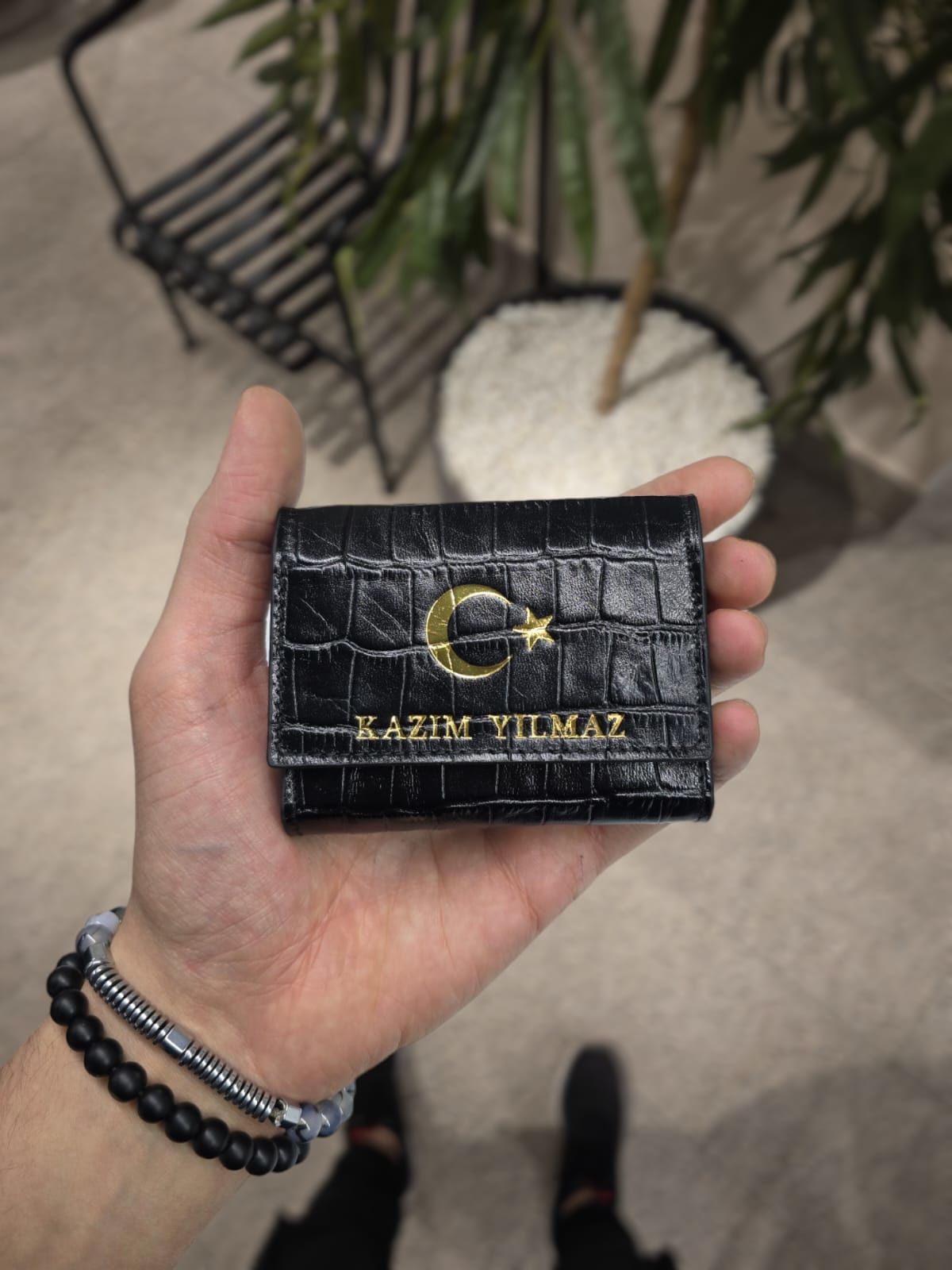 VİSSO 660 DERİ ÇANTA  İSME ÖZEL GÜÇLÜ MIKNATISLI KİLİT AKORDİYON YELPAZE KARTLIK CÜZDAN ERKEK KADIN MODELİ Ay Yıldız SİYAH CROCO