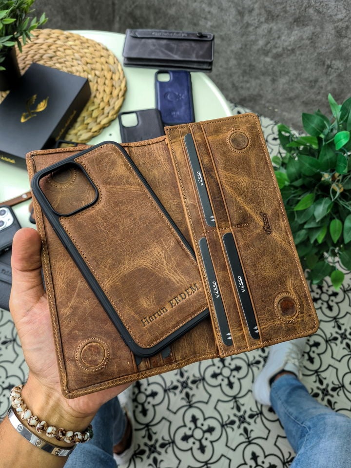 VİSSO 902 + Deri Telefon Kılıfı Hakiki Deri El Geçmeli Kordonlu Kişiye Özel Telefon Hazneli Cüzdan El Çantası Fındık Matrix