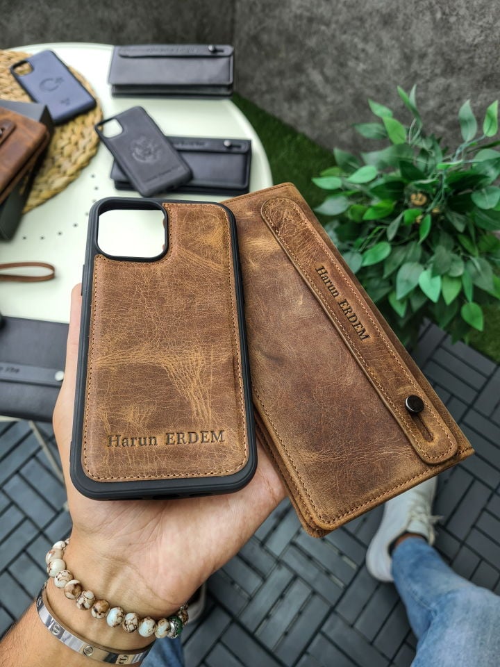VİSSO 902 + Deri Telefon Kılıfı Hakiki Deri El Geçmeli Kordonlu Kişiye Özel Telefon Hazneli Cüzdan El Çantası Fındık Matrix