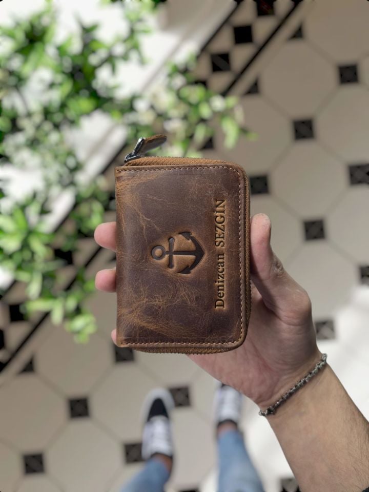 VİSSO 661 Fermuarlı Kredi Kartlık Model Hakiki Deri Çanta Kişiye Özel FINDIK MATRİX ÇAPA LOGO