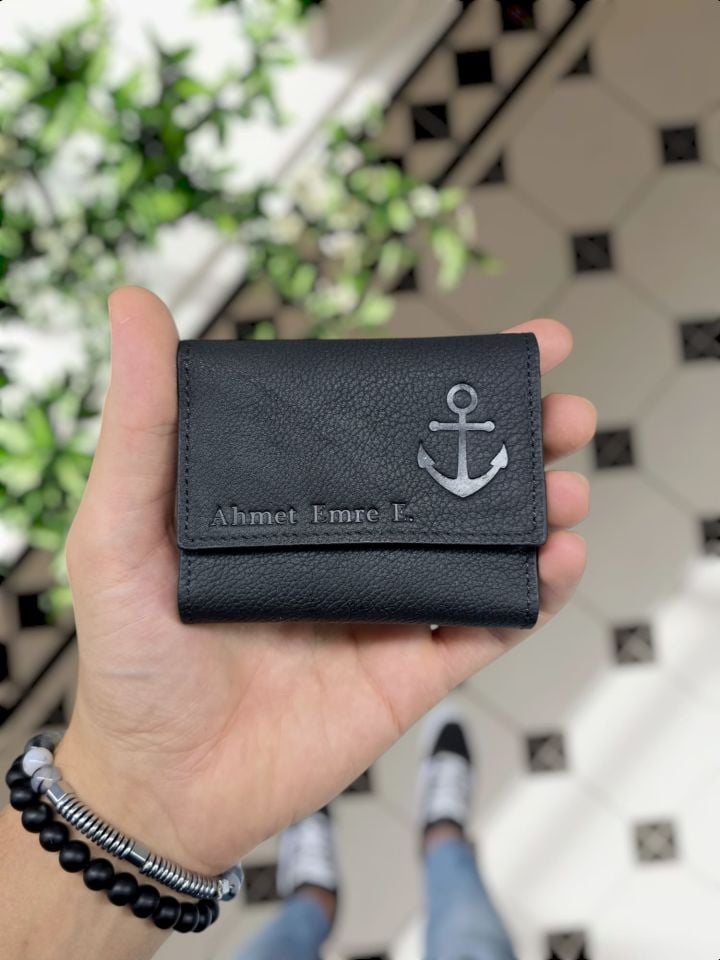 VİSSO 660 DERİ ÇANTA  İSME ÖZEL GÜÇLÜ MIKNATISLI KİLİT AKORDİYON YELPAZE KARTLIK CÜZDAN ERKEK KADIN MODELİ Siyah Gutty ÇAPA LOGOLU