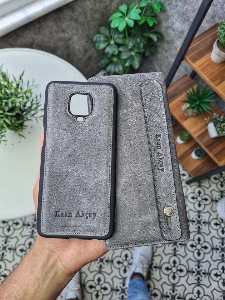 VİSSO 902 + Deri Telefon Kılıfı Hakiki Deri El Geçmeli Kordonlu Kişiye Özel Telefon Hazneli Cüzdan El Çantası Gri Natural Crayz