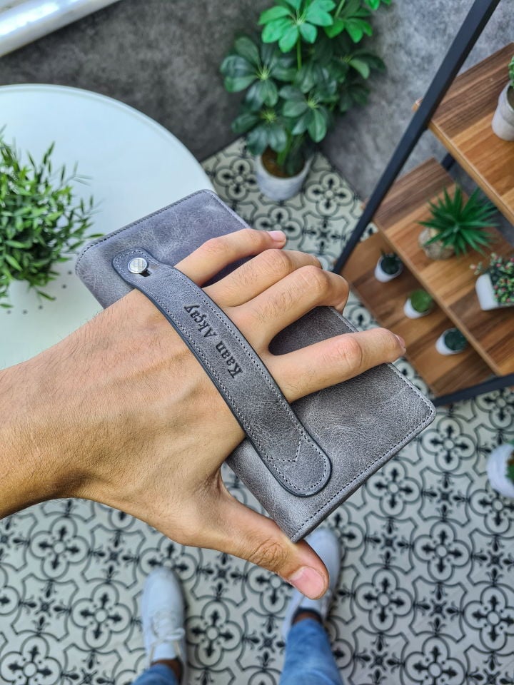 VİSSO 902 + Deri Telefon Kılıfı Hakiki Deri El Geçmeli Kordonlu Kişiye Özel Telefon Hazneli Cüzdan El Çantası Gri Natural Crayz