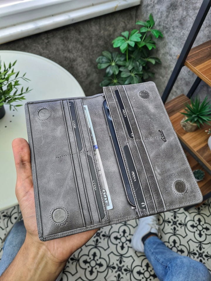 VİSSO 902 + Deri Telefon Kılıfı Hakiki Deri El Geçmeli Kordonlu Kişiye Özel Telefon Hazneli Cüzdan El Çantası Gri Natural Crayz