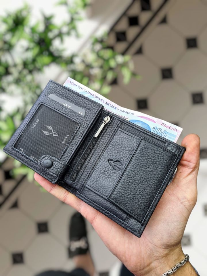 VİSSO 111 HAKİKİ DERİ ÇANTA  İSME ÖZEL ÜÇ KİMLİK KART BÖLMELİ  FERMUARLI KADIN ERKEK ÇITIÇITLI CÜZDAN Mıknatıslı Kutuda  SİYAH GUTTY
