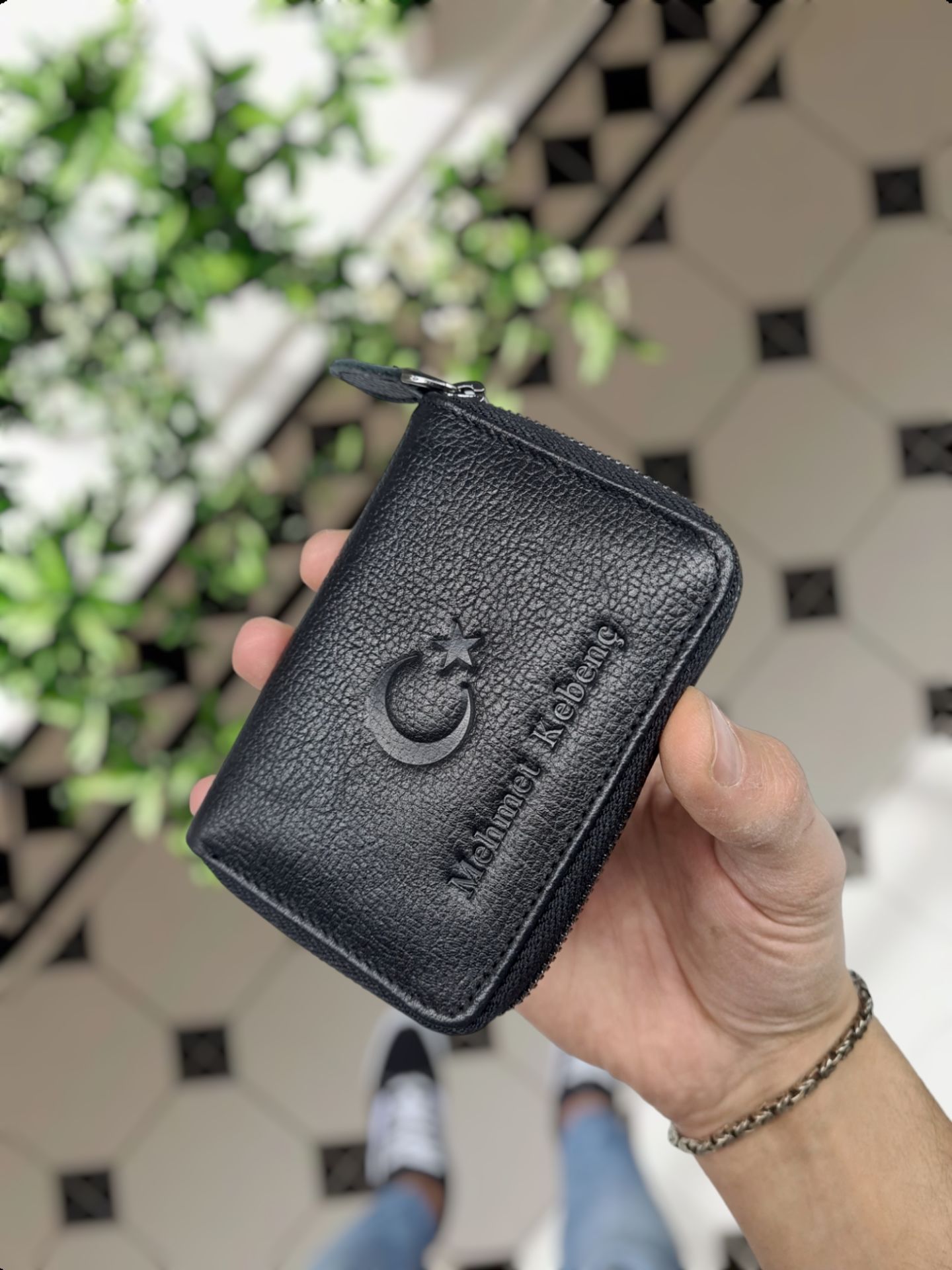 VİSSO 661 GERÇEK DERİ ÇANTA SİYAH GUTTY İSME ÖZEL  ERKEK VE KADIN İÇİN FERMUARLI AKORDİYON-YELPAZE KREDİ KARTLIK MODEL Ay Yıldız Logolu