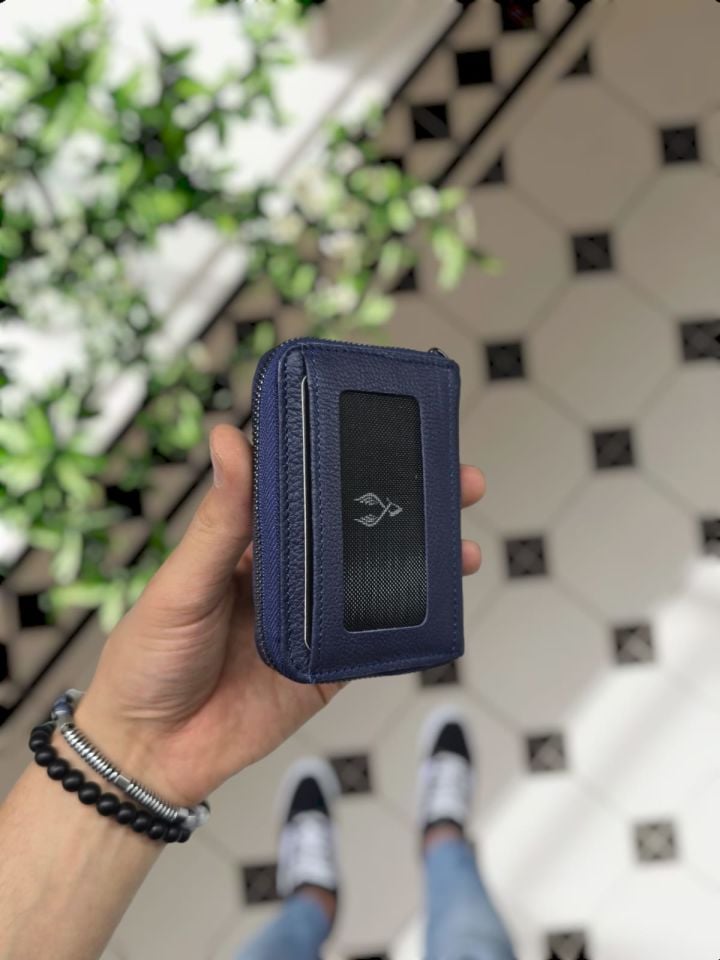 VİSSO 661 GERÇEK DERİ ÇANTA  İSME ÖZEL  ERKEK VE KADIN İÇİN FERMUARLI AKORDİYON-YELPAZE KREDİ KARTLIK MODEL Lacivert Gutty