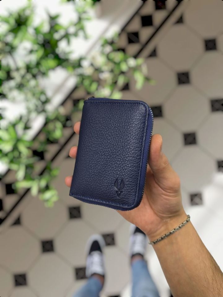 VİSSO 661 GERÇEK DERİ ÇANTA  İSME ÖZEL  ERKEK VE KADIN İÇİN FERMUARLI AKORDİYON-YELPAZE KREDİ KARTLIK MODEL Lacivert Gutty