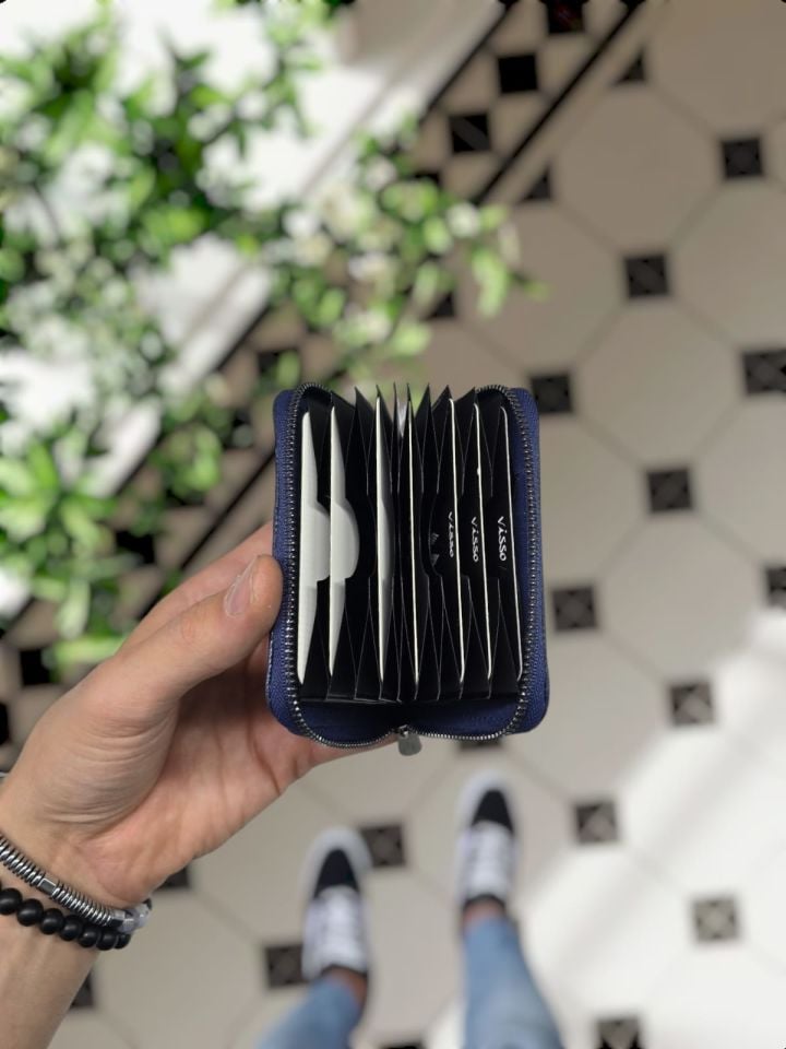 VİSSO 661 GERÇEK DERİ ÇANTA  İSME ÖZEL  ERKEK VE KADIN İÇİN FERMUARLI AKORDİYON-YELPAZE KREDİ KARTLIK MODEL Lacivert Gutty