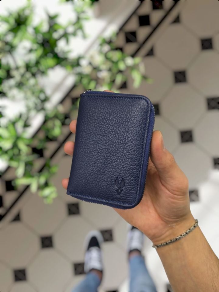 VİSSO 661 GERÇEK DERİ ÇANTA  İSME ÖZEL  ERKEK VE KADIN İÇİN FERMUARLI AKORDİYON-YELPAZE KREDİ KARTLIK MODEL Lacivert Gutty