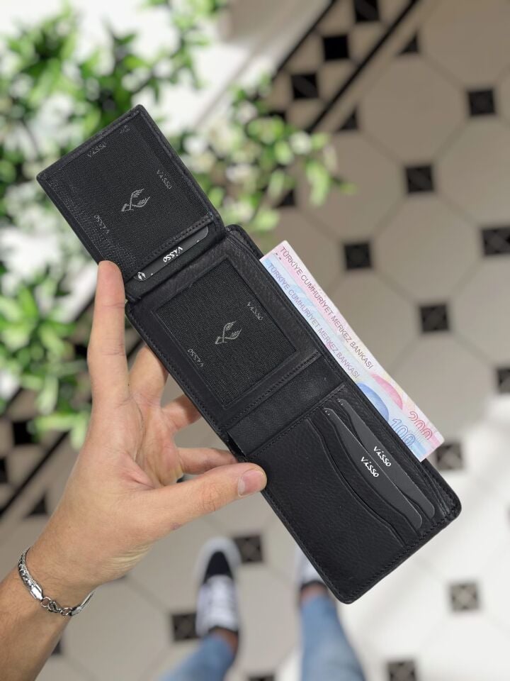 VİSSO 229 Hakiki Deri  SİYAH-SİYAH Garni Cüzdan  Renk Deri Cüzdan