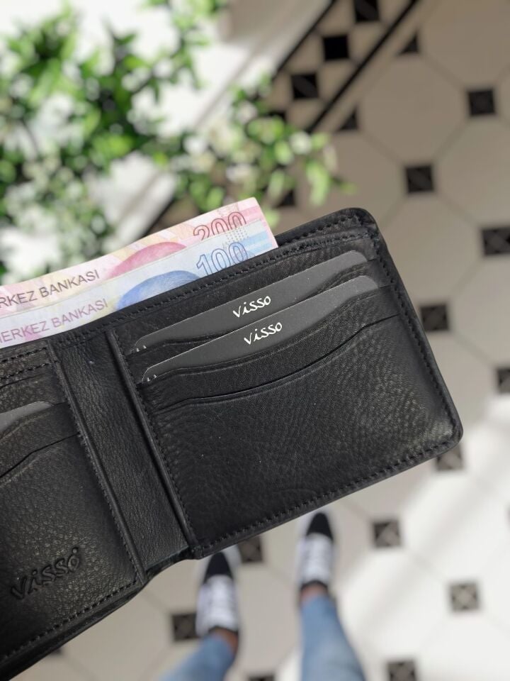 VİSSO 229 Hakiki Deri  SİYAH-SİYAH Garni Cüzdan  Renk Deri Cüzdan