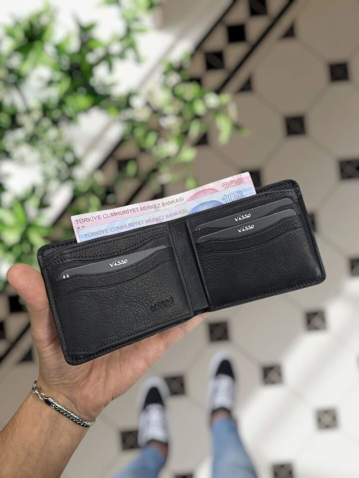 VİSSO 229 Hakiki Deri  SİYAH-SİYAH Garni Cüzdan  Renk Deri Cüzdan