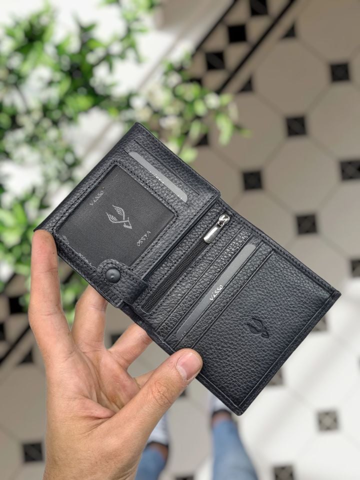 VİSSO 114 HAKİKİ DERİ ÇANTA  İSME ÖZEL ÜÇ KİMLİK KART BÖLMELİ  FERMUARLI KADIN ERKEK ÇITIÇITLI CÜZDAN Mıknatıslı Kutuda  SİYAH GUTTY