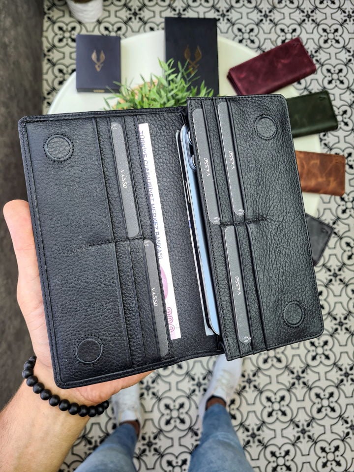 VİSSO 902 + Deri Telefon Kılıfı Hakiki Deri El Geçmeli Kordonlu Kişiye Özel Telefon Hazneli Cüzdan El Çantası Siyah Gutty