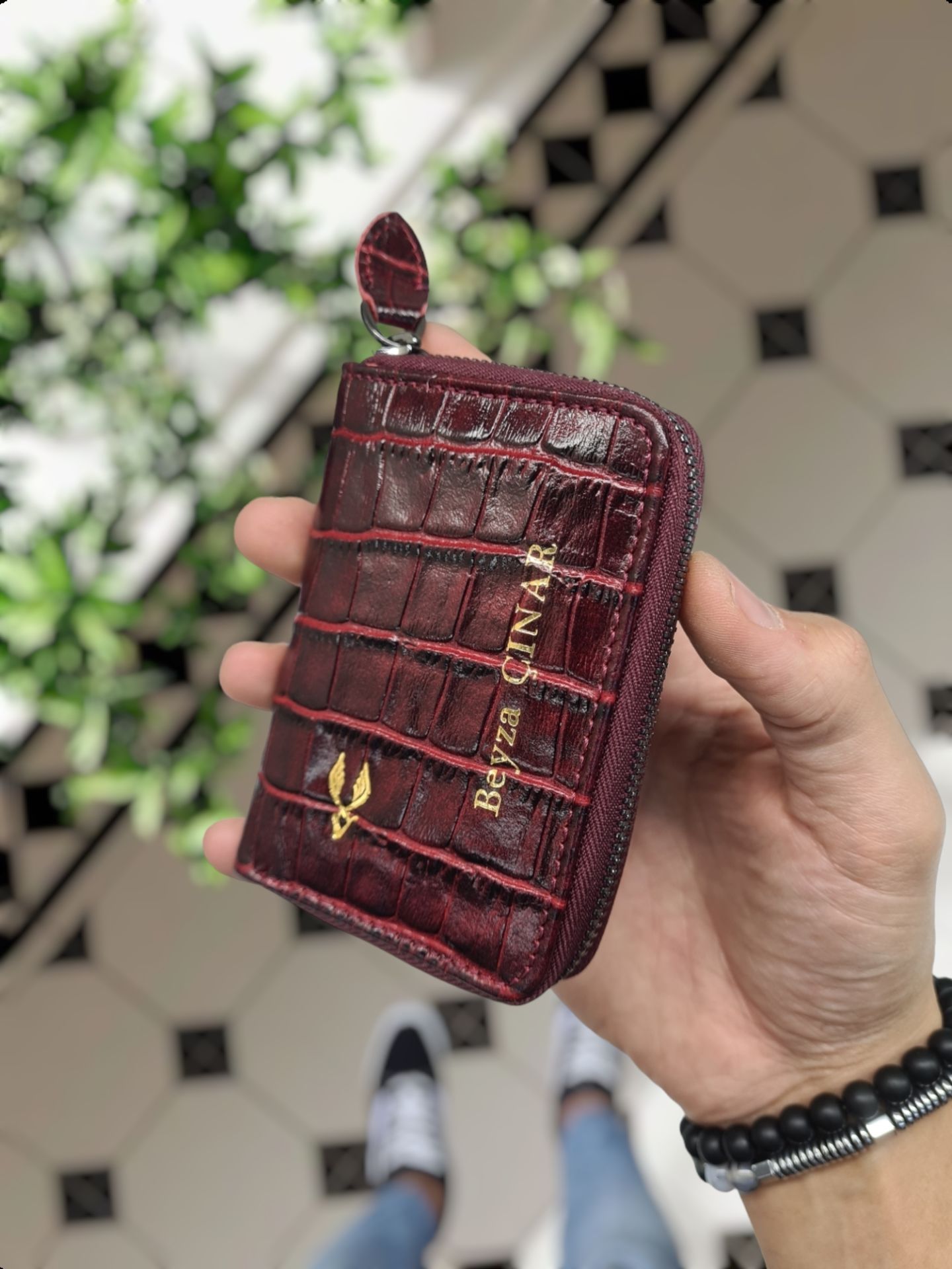 VİSSO 661 GERÇEK DERİ ÇANTA BORDO CROCO İSME ÖZEL  KCROCO ERKEK VE KADIN İÇİN FERMUARLI AKORDİYON-YELPAZE KREDİ KARTLIK MODEL