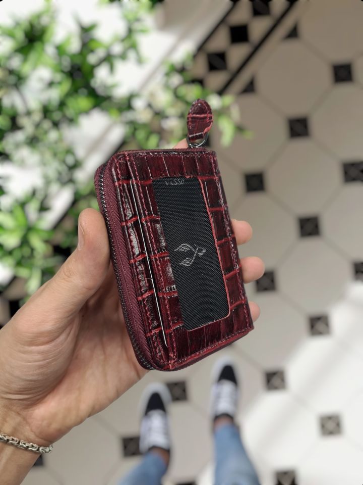 VİSSO 661 GERÇEK DERİ ÇANTA BORDO CROCO İSME ÖZEL  KCROCO ERKEK VE KADIN İÇİN FERMUARLI AKORDİYON-YELPAZE KREDİ KARTLIK MODEL