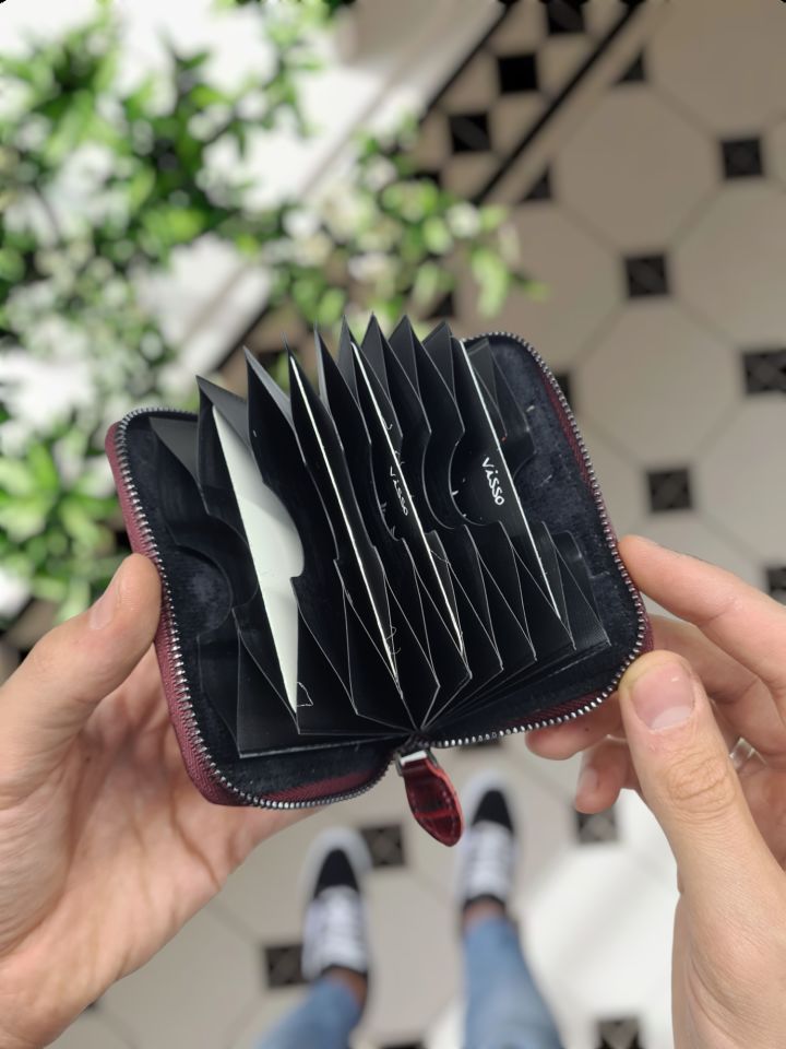 VİSSO 661 GERÇEK DERİ ÇANTA BORDO CROCO İSME ÖZEL  KCROCO ERKEK VE KADIN İÇİN FERMUARLI AKORDİYON-YELPAZE KREDİ KARTLIK MODEL