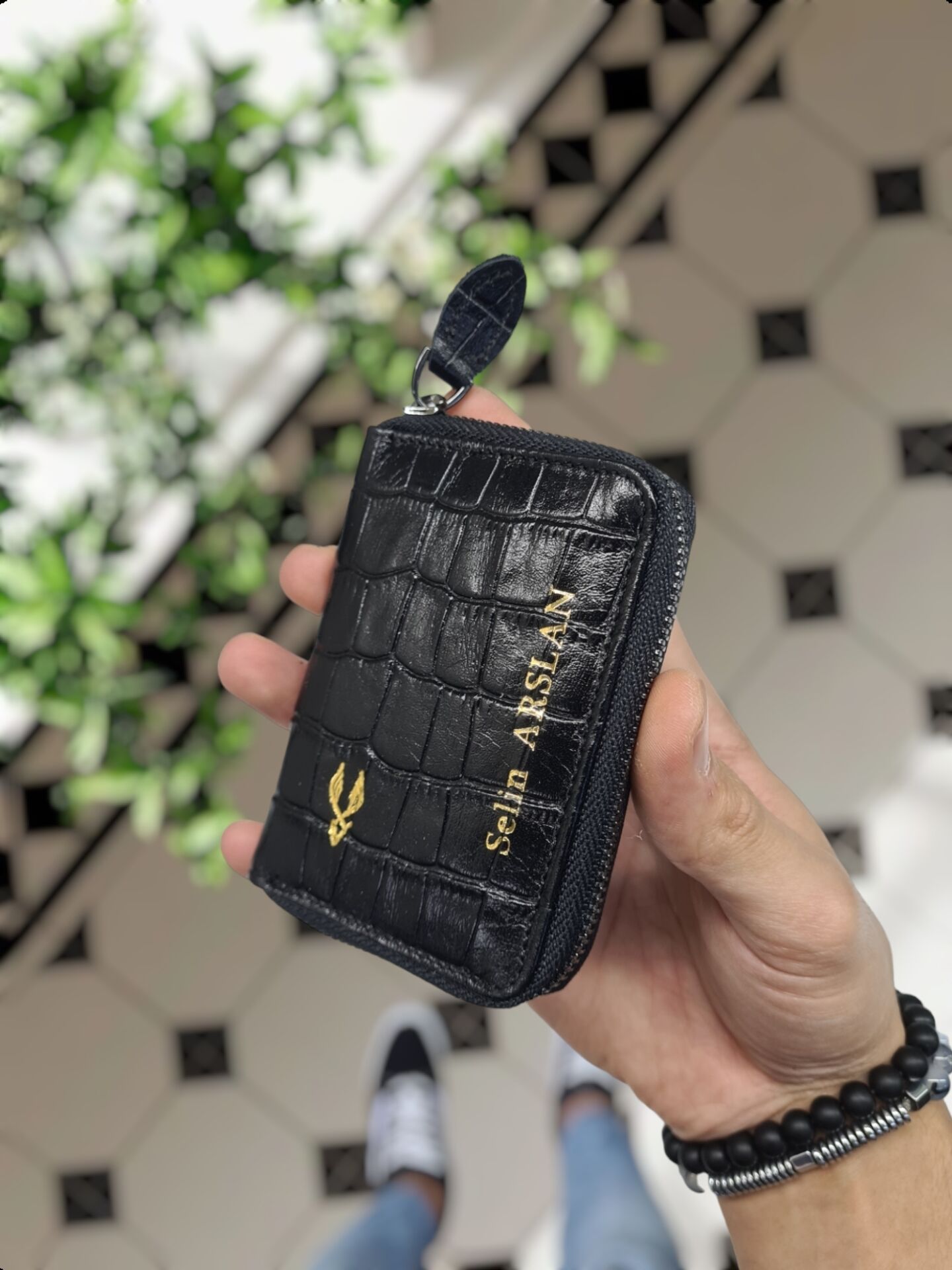 VİSSO 661 GERÇEK DERİ ÇANTA SİYAH CROCO İSME ÖZEL  KCROCO ERKEK VE KADIN İÇİN FERMUARLI AKORDİYON-YELPAZE KREDİ KARTLIK MODEL Siyah Croco Varak Yaldızlı