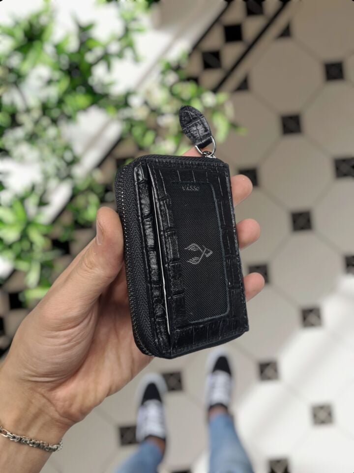 VİSSO 661 GERÇEK DERİ ÇANTA SİYAH CROCO İSME ÖZEL  KCROCO ERKEK VE KADIN İÇİN FERMUARLI AKORDİYON-YELPAZE KREDİ KARTLIK MODEL Siyah Croco Varak Yaldızlı