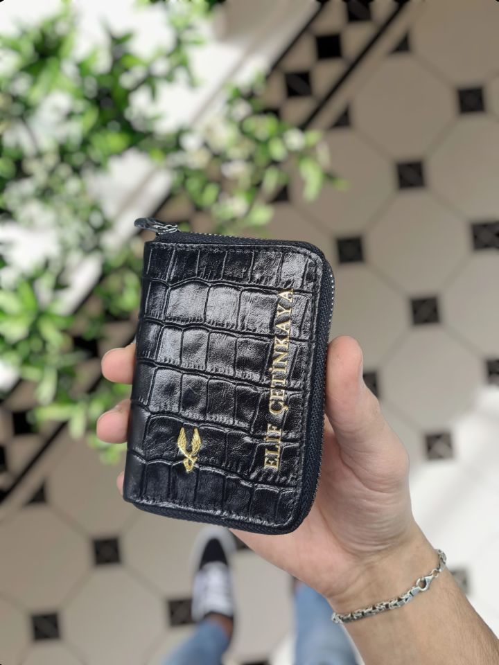 VİSSO 661 GERÇEK DERİ ÇANTA SİYAH CROCO İSME ÖZEL  KCROCO ERKEK VE KADIN İÇİN FERMUARLI AKORDİYON-YELPAZE KREDİ KARTLIK MODEL Siyah Croco Varak Yaldızlı