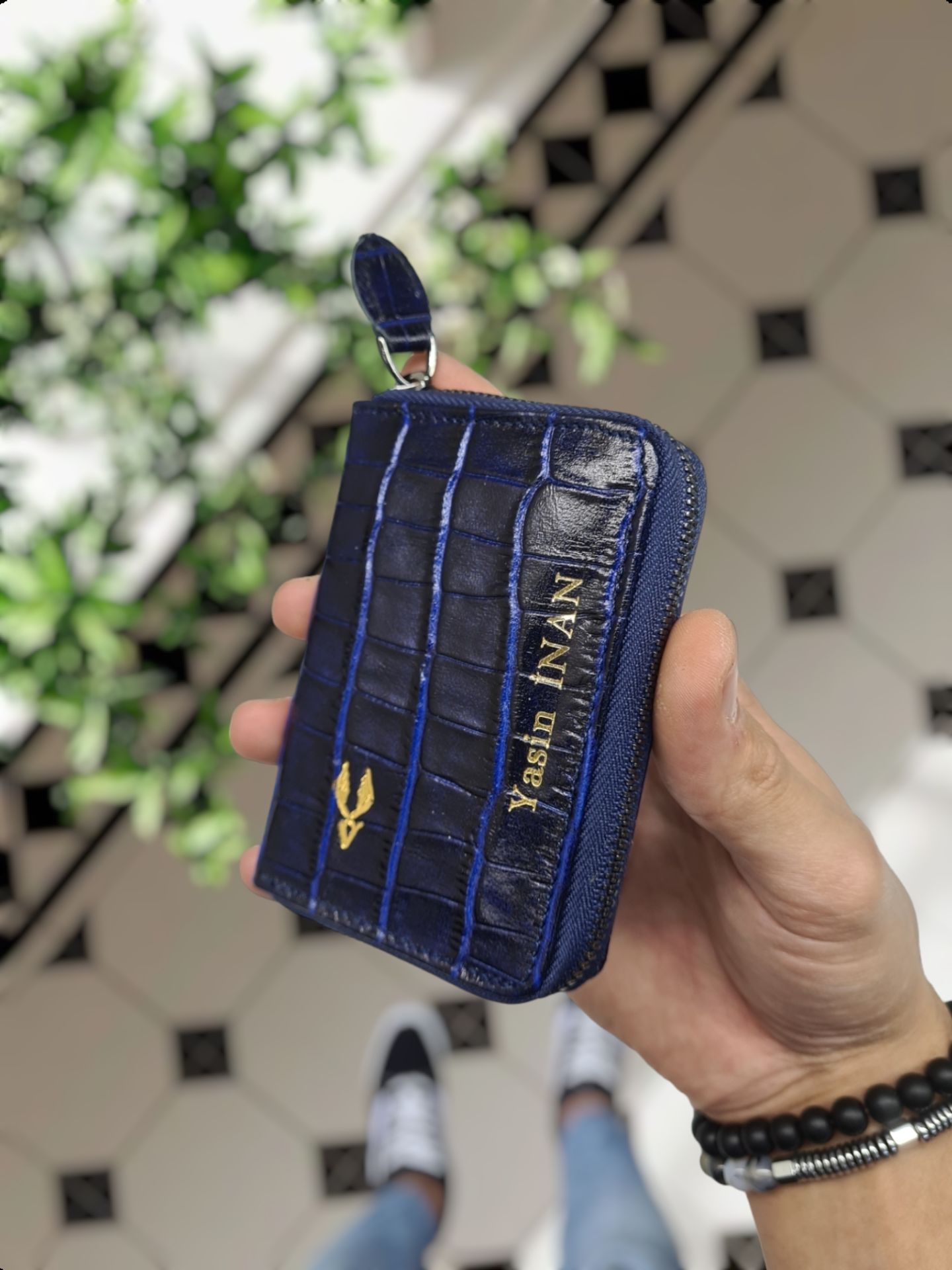 VİSSO 661 GERÇEK DERİ ÇANTA SAKS MAVİ CROCO İSME ÖZEL  KCROCO ERKEK VE KADIN İÇİN FERMUARLI AKORDİYON-YELPAZE KREDİ KARTLIK MODEL