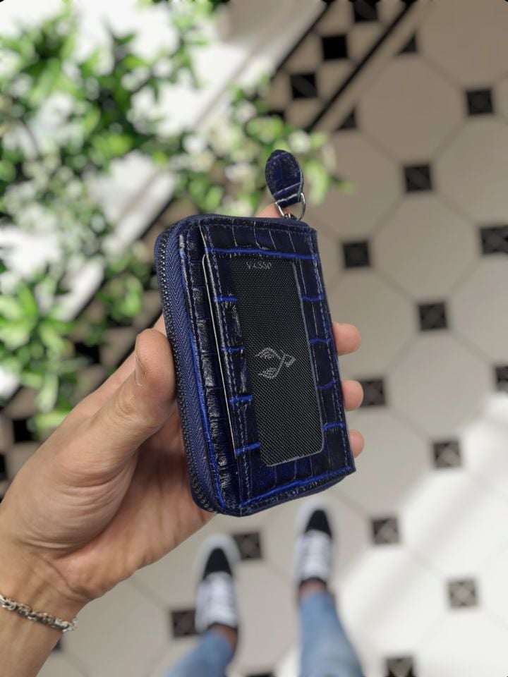 VİSSO 661 GERÇEK DERİ ÇANTA SAKS MAVİ CROCO İSME ÖZEL  KCROCO ERKEK VE KADIN İÇİN FERMUARLI AKORDİYON-YELPAZE KREDİ KARTLIK MODEL