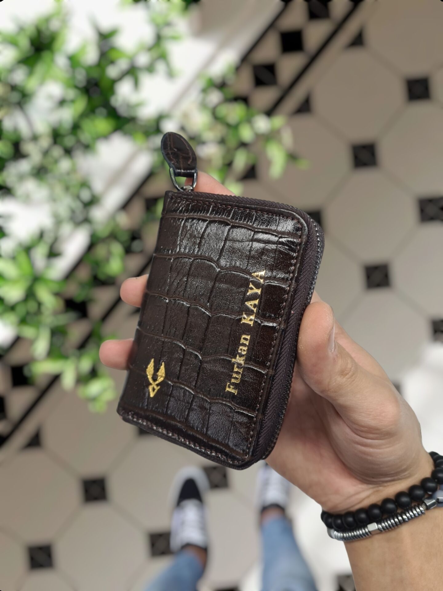 VİSSO 661 GERÇEK DERİ ÇANTA KAHVE CROCO İSME ÖZEL  KCROCO ERKEK VE KADIN İÇİN FERMUARLI AKORDİYON-YELPAZE KREDİ KARTLIK MODEL