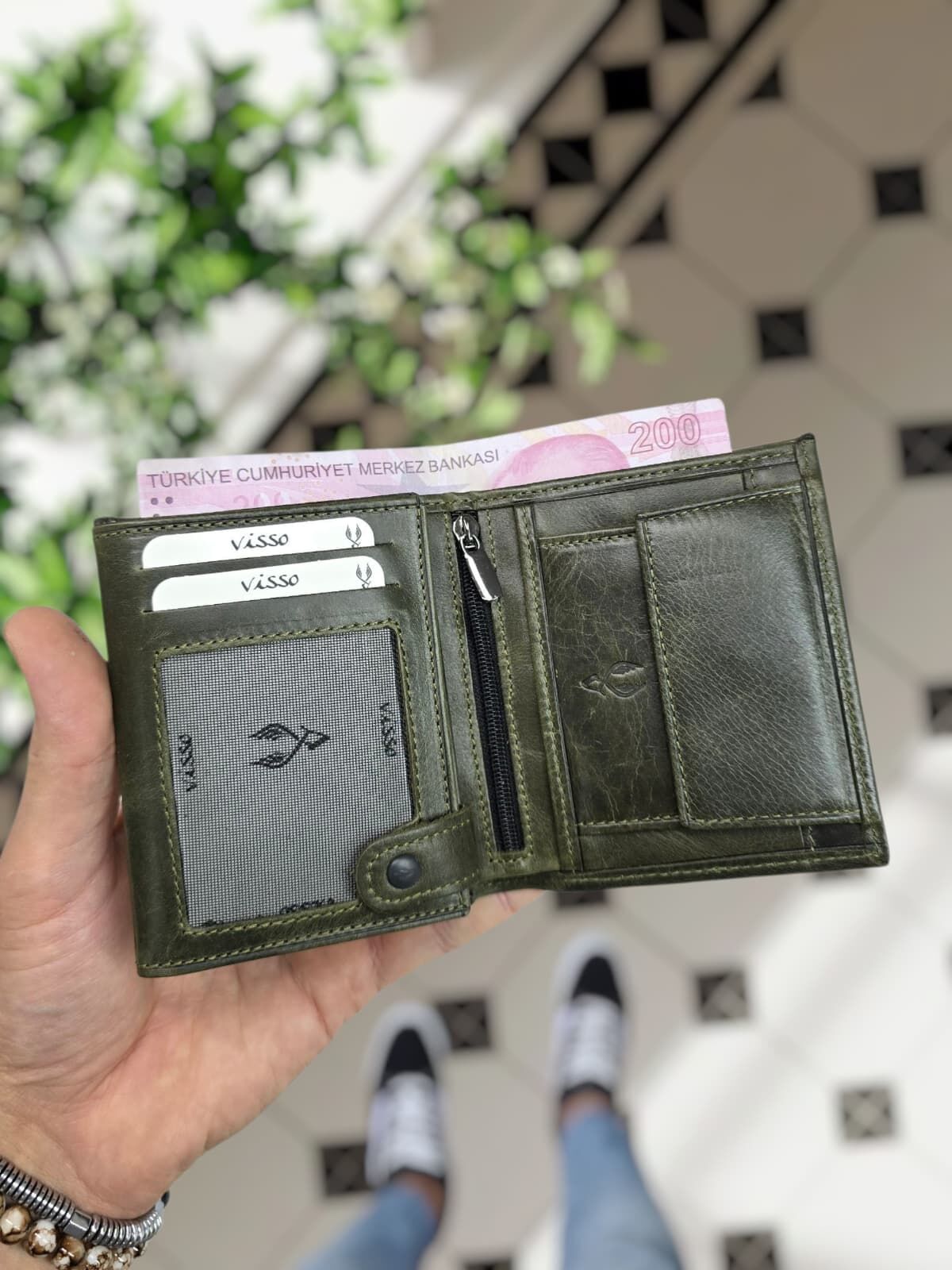 VİSSO 114 HAKİKİ DERİ ÇANTA İSME ÖZEL KADIN ERKEK ÇITIÇITLI FERMUARLI Yeşil Granada CÜZDAN