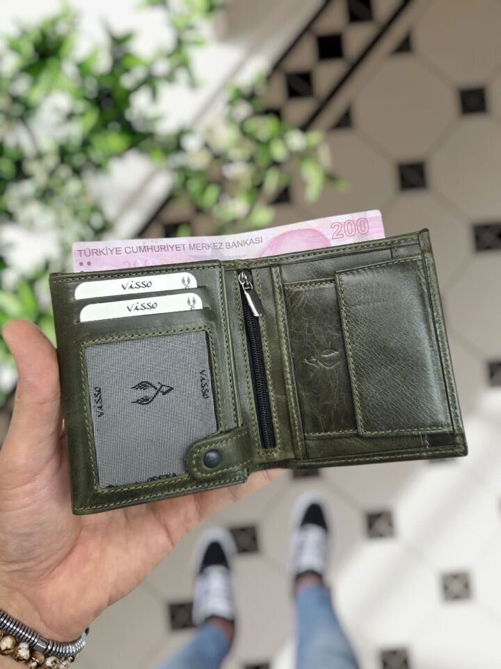 VİSSO 114 HAKİKİ DERİ ÇANTA İSME ÖZEL KADIN ERKEK ÇITIÇITLI FERMUARLI Yeşil Granada CÜZDAN