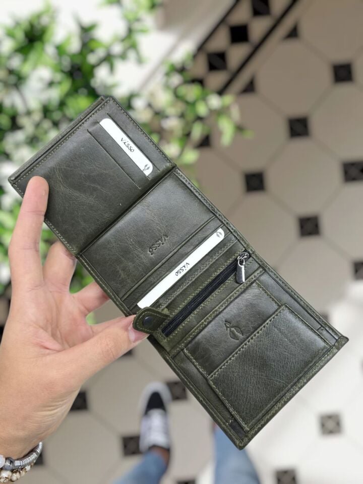 VİSSO 114 HAKİKİ DERİ ÇANTA İSME ÖZEL KADIN ERKEK ÇITIÇITLI FERMUARLI Yeşil Granada CÜZDAN