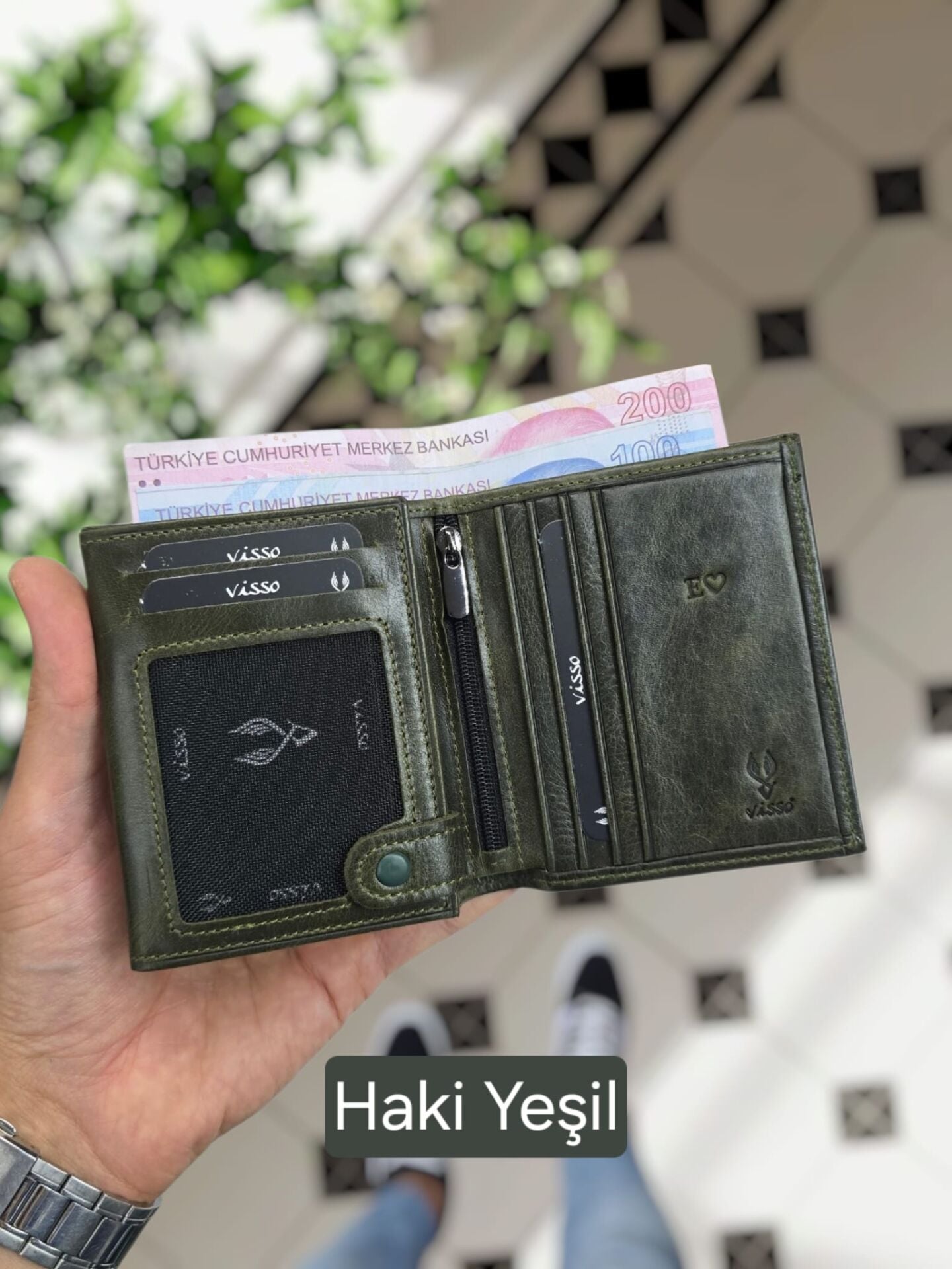 VİSSO 114 HAKİKİ DERİ ÇANTA İSME ÖZEL KADIN ERKEK ÇITIÇITLI FERMUARLI Yeşil Granada CÜZDAN